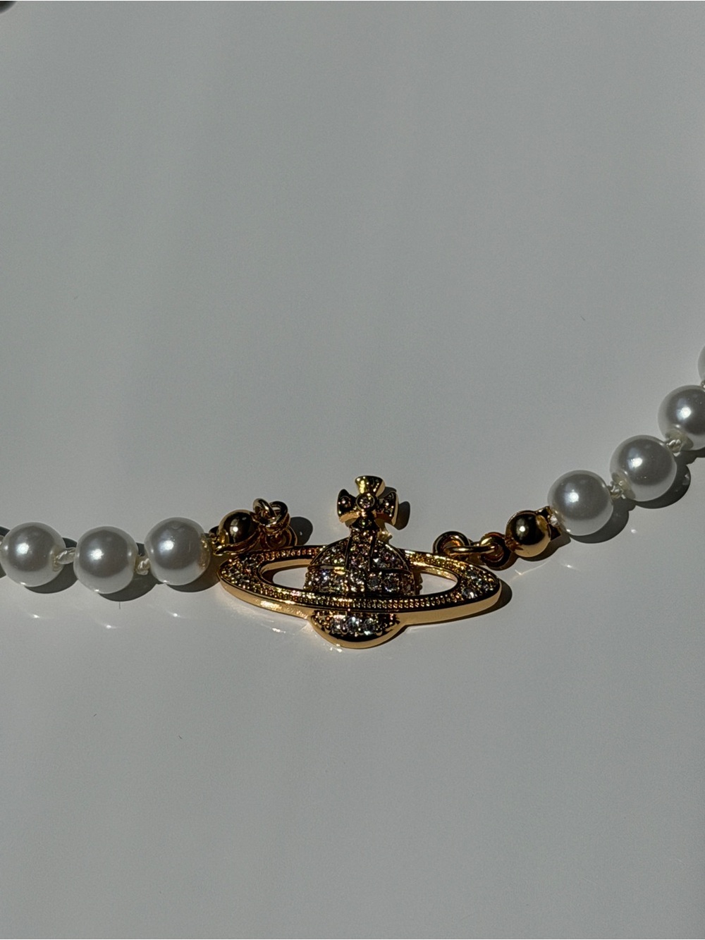 Gold Orb Style Pearl Choker Necklace with Rhinestone Pendant